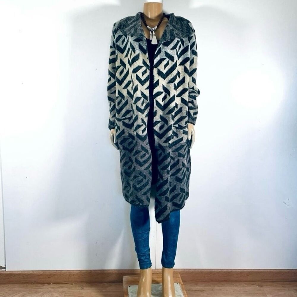 NWT Gorgeous Joseph A Grey Tan & Black Long Soft Coatigan Cardigan Print Sweater